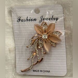 Vintage Gold Tone Flower Brooch Asymmetrical 2.5” Rhinestone C-Clasp New